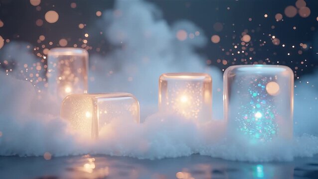 Ethereal Ice Cubes Glowing in Mist with Sparkling Background