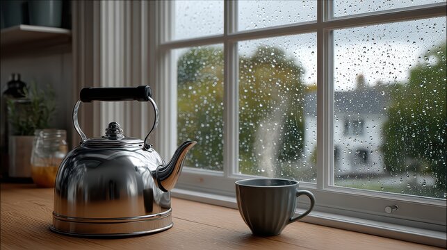Cozy kitchen scene with teapot and mug on rainy day by window overlooking blurred greenery and raindrops