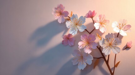 Delicate pink cherry blossoms opening on a branch against a soft background