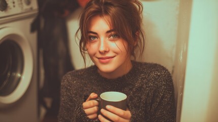 woman holding mug of coffee near washing machine