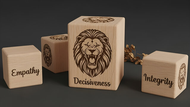 3D render of wooden cubes displaying leadership traits like decisiveness empathy and integrity with a lion symbol on a dark background