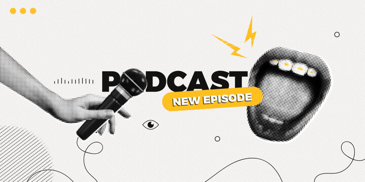 Trendy Halftone Collage Podcast broadcast. Hand holding studio microphone and open mouth. Talk show and interview. Online radio news. Streaming service. Contemporary vector illustration art