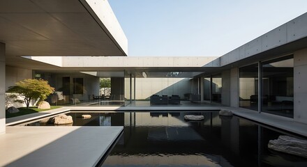 Fototapeta premium Minimalist concrete architectural design with a tranquil reflective water feature in an open-air courtyard, showcasing contemporary luxury living and serene aesthetics