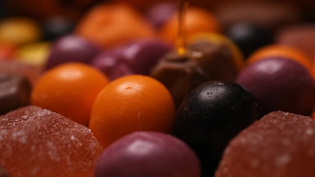 Close up of assorted candies in vibrant colors with dynamic lighting and textures