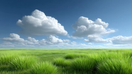 Obraz premium Lush Green Grassland Under Bright Blue Sky with Fluffy White Clouds in a Peaceful Natural Landscape Perfect for Relaxation and Outdoor Activities