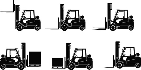 Forklift Truck Silhouette Set for Logistics and Warehouse Operations Featuring Industrial Lift Machinery Icons for Shipping Distribution Storage and Heavy Equipment Safety Training Manuals