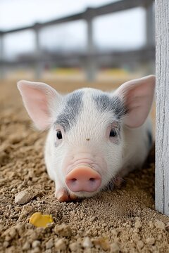 Playful Mini Pig Joyfully Rolling in Mud Beside a Rustic Wooden Enclosure on a Sunny Farm Day