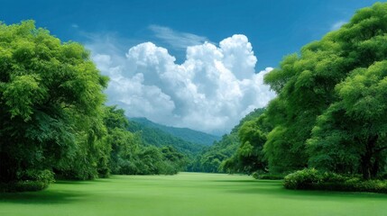 Obraz premium Lush Green Landscape with Vivid Blue Sky and Fluffy White Clouds Over Serene Meadow and Mountain Range in the Background