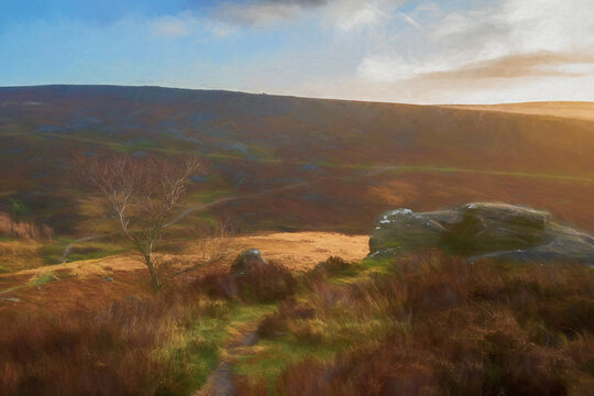 A winter sunrise digital illustration of the view of Burbage valley and plantation in the South Yorkshire Peak District National Park, England. UK.