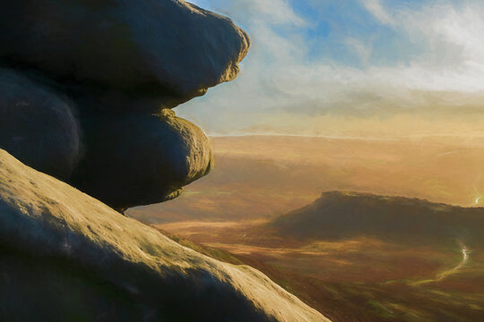 A winter sunrise digital illustration of the ancient Iron Age hill fort Carl Wark in the South Yorkshire Peak District National Park, England. UK.