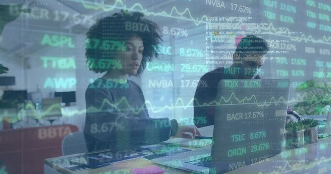 Animation of trading board, binary codes, computer language over woman working on laptop