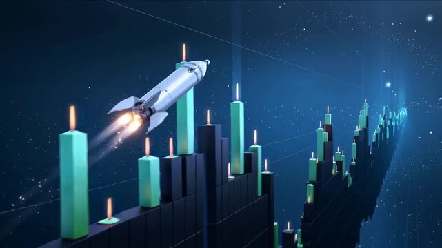 3D animated rocket flying toward a red and green candlestick chart in a dark futuristic environment, symbolizing financial growth, momentum, and market performance. AI Generated.