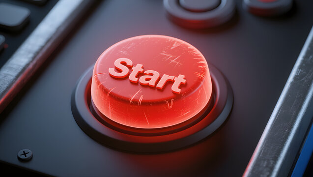 Close-up of a glowing red vintage arcade start button with weathered texture and cinematic lighting
