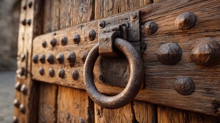 Rustic iron ring handle on weathered wooden door with rivets and detailed texture in historic setting