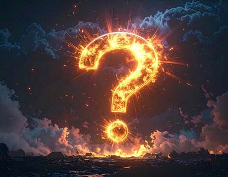 A glowing question mark over a fiery landscape