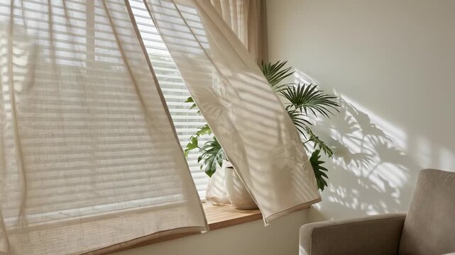 Sheer curtains blowing in the wind by a window with a potted plant and sunlight casting shadows in a cozy minimalist interior