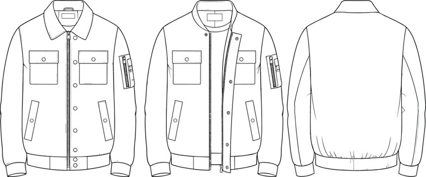Men's Utility Bomber Jacket Fashion Flat Sketch Set, Technical Vector Drawing Template with Front and Back Views for Apparel Design Tech Pack and Manufacturing