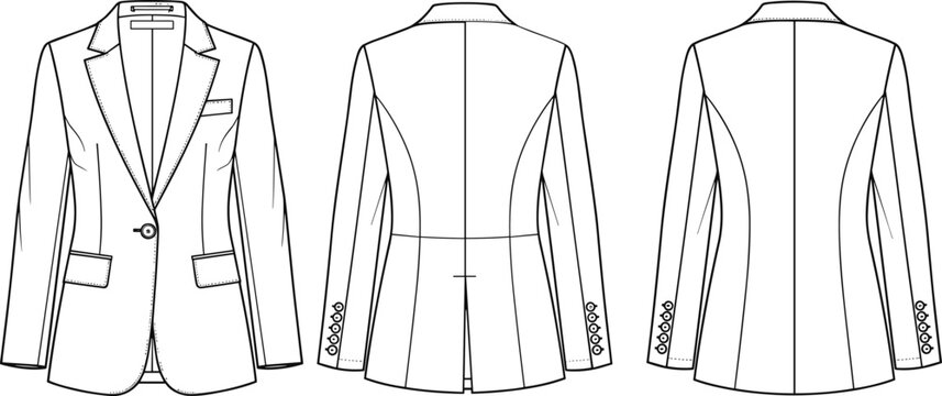 Professional Women&rsquo;s Tailored Blazer Fashion Flat Sketch Set, Single Button Suit Jacket Technical Drawing Template with Front and Back Views for Apparel Design Tech Pack