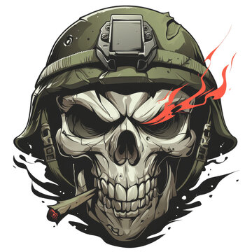 A menacing skull wearing a military helmet, smoking a cigar with a fiery red eye, in a graphic art style.