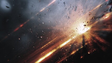 Obraz premium Sunlight piercing through raindrops on a window surface, creating radiant beams and reflections.