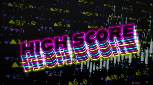 Animation of multicolored high score texts over graphs and trading board on black background