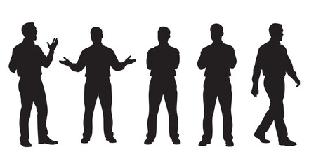 Group of black silhouette business people in various poses, including talking, standing, and walking, isolated on a white background, suitable for presentations.