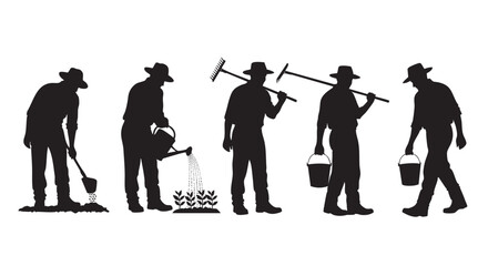 Silhouetted figures of farmers engaged in various agricultural tasks, including planting, watering, raking and carrying buckets, set against a clean white background.