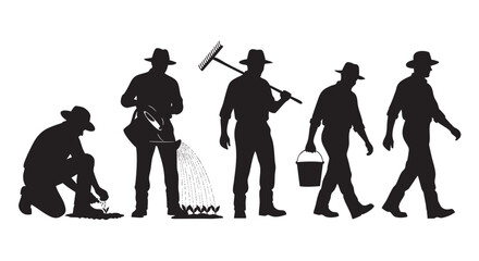 Silhouetted farmers are depicted planting seeds, watering plants, raking, carrying a bucket, and walking, showcasing the progression of agricultural work.