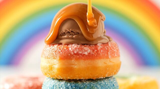 Colorful donut tower with chocolate ice cream on rainbow background