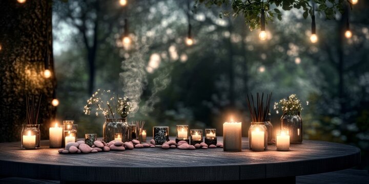Mystical ritual altar with burning candles, incense smoke, purple powder and petals, tropical greenery background, spiritual meditation and witchcraft concept, moody candlelight.