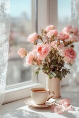Cup of coffee and pink roses on white table