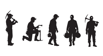 A vector illustration displays silhouettes of five miners with pickaxes, lamps, and gear against a white background, suitable for designs related to mining and labor.