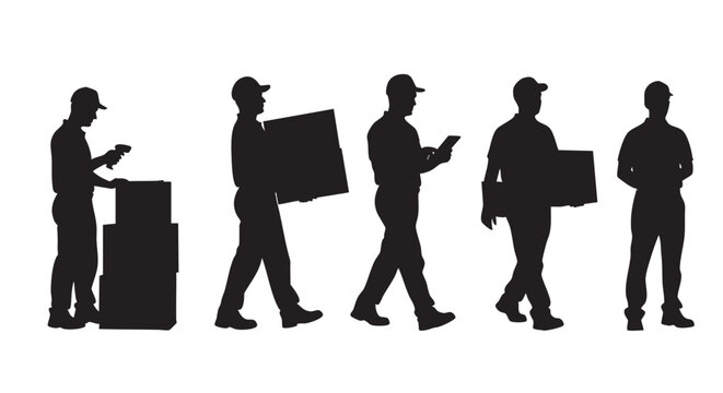 Black silhouette illustration of delivery men carrying, scanning, and standing near packages, suitable for representing logistics, shipping, and e-commerce operations.