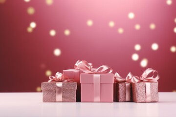 Fototapeta premium Pink and rose gold gift boxes decorated with satin ribbons on a festive background