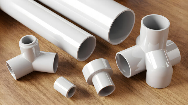 A collection of white PVC pipes and fittings on a wooden surface