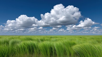 Obraz premium Lush Green Grassland Under a Dramatic Sky with Fluffy White Clouds and Clear Blue Horizon, Nature Landscape Perfect for Tranquil Scenes or Outdoor Themes