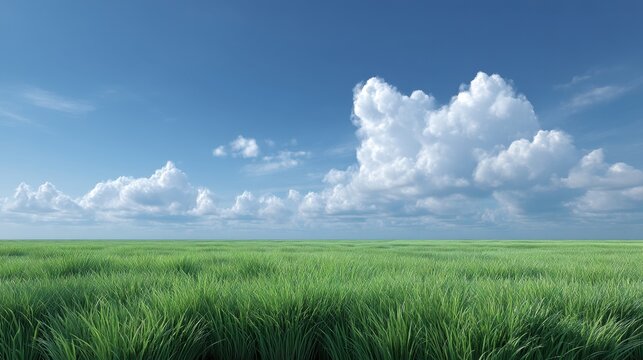 Lush Green Grass Field under a Clear Blue Sky with Fluffy White Clouds in a Serene Natural Landscape Setting