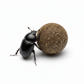 Beetle Rolling a Large Dung Ball on White Background