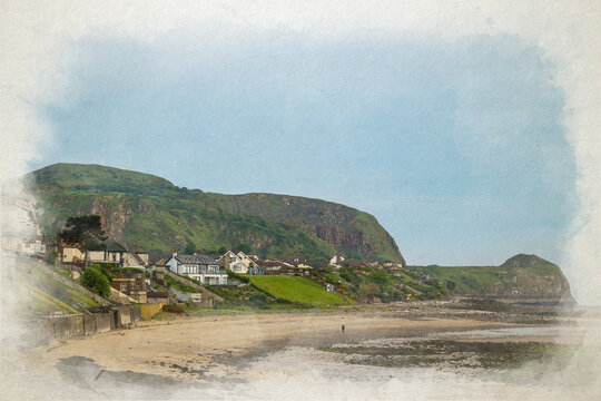 A digital watercolour painting of the Little Orme and Penrhyn Bay seafront and beach, Wales.
