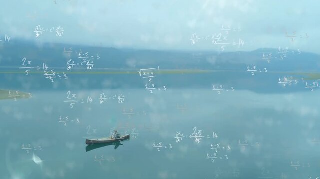 passenger observing floatplane landing through aircraft window, with STEM equations overlaying