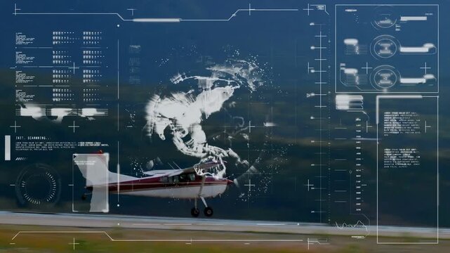 AR interface fading in rotating globe and data panels, airplane lifting off climbing toward sky