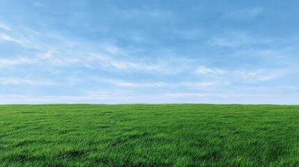 Fototapeta premium Expansive Green Grass Field Under Bright Clear Blue Sky with Wispy Clouds on a Sunny Day Perfect for Nature and Outdoor Themes