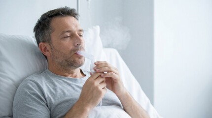 Fototapeta premium Man breathing through nebulizer while sitting in bed at home 