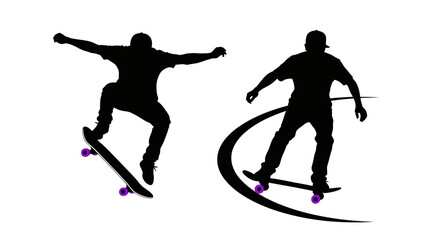 Obraz premium Two skateboarders in mid air captured as dramatic black silhouettes