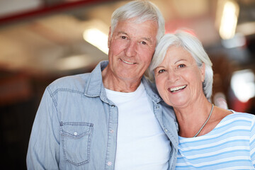 Support, love and smile with portrait of old couple for bonding, retirement and happiness....