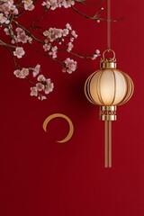 Chinese New Year minimalist greeting card background, red and gold lantern, blossom branch, crescent moon, vertical template with copy space
