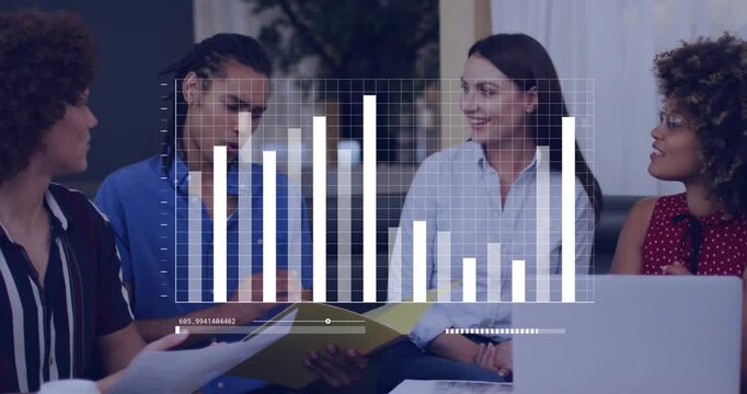 Team reviewing quarterly business performance in lounge, animated bar-chart rising as folder flips