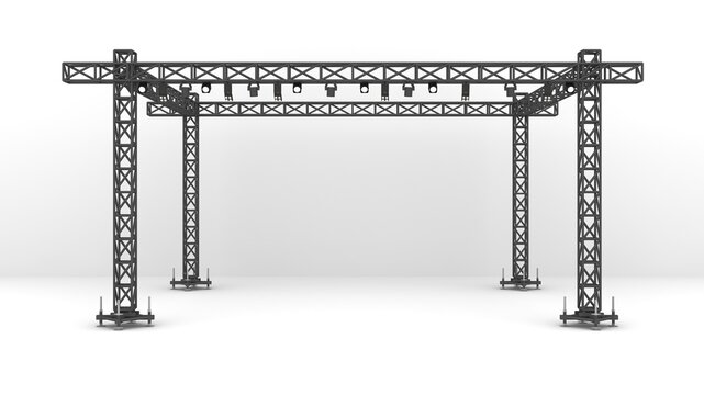 Stage rigging truss system with blank backdrop concert performance.