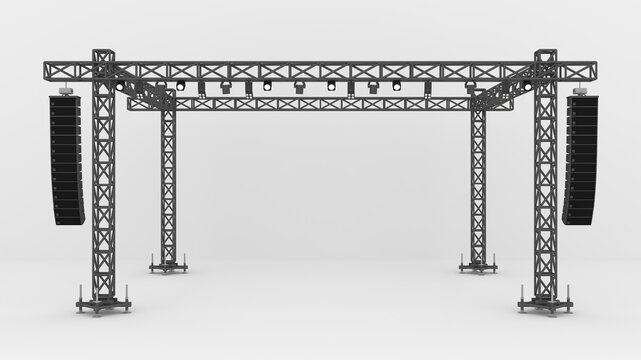 Stage rigging truss system with blank backdrop concert performance.