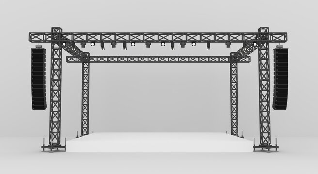 Stage rigging truss system with blank backdrop concert performance.